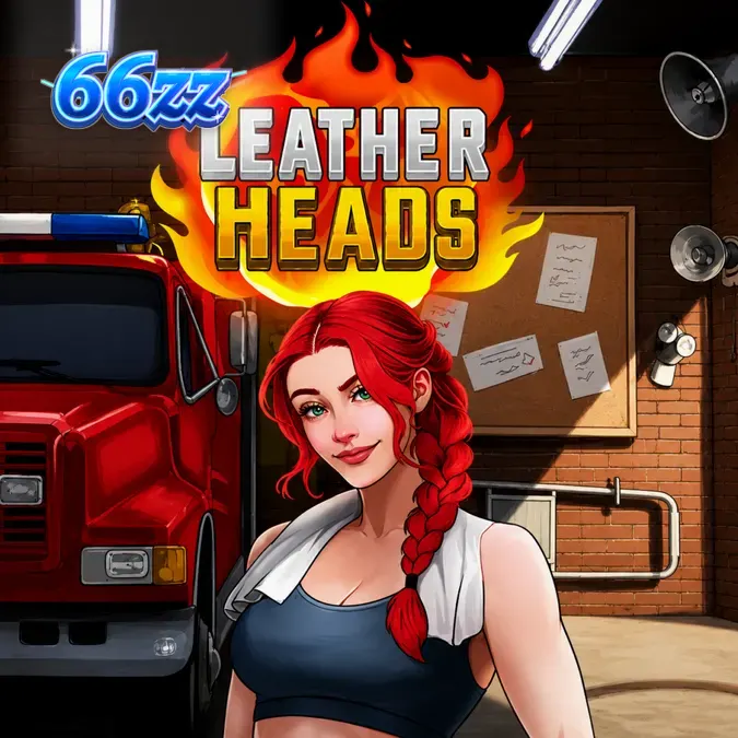Leatherheads slot gameplay screen showing the fire station theme and wild symbols